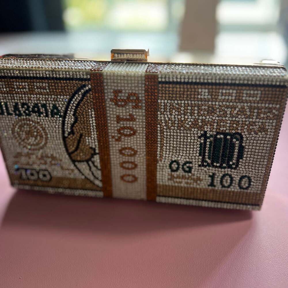 Crystal Rhinestone Stack of Cash Money Box Clutch Purse - Picture 2 of 3